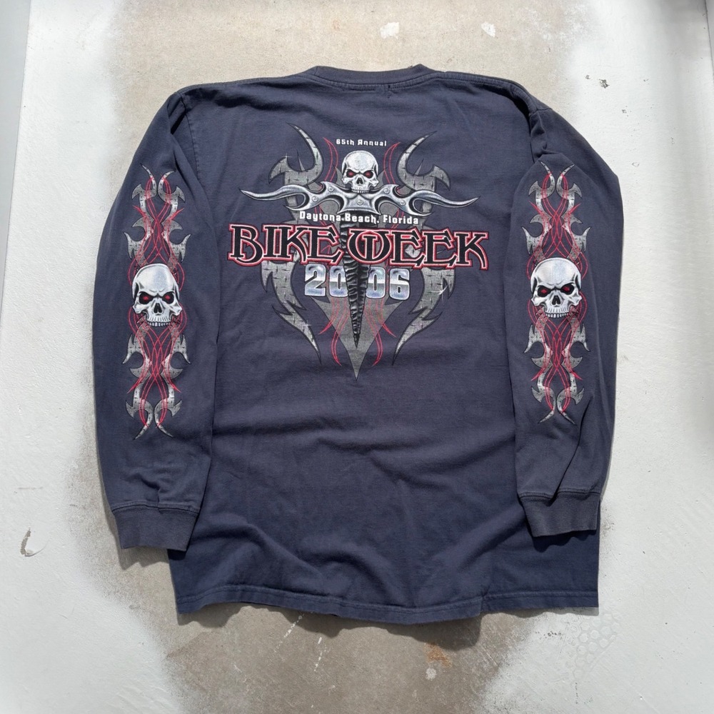 Vintage 2006 Daytona Beach Bike Week Long Sleeve Shirt Skull Graphic Navy Mens L